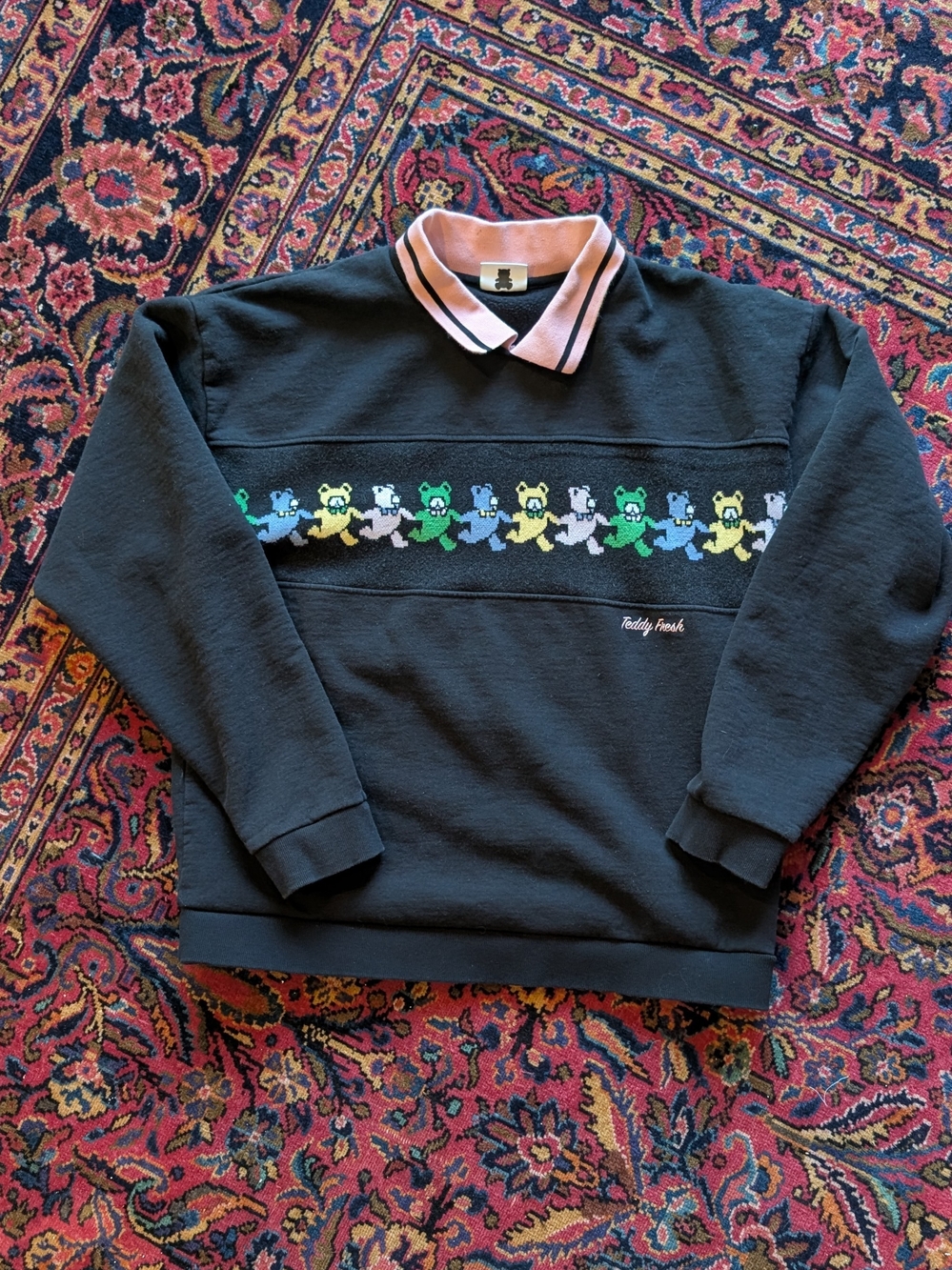 Teddy Fresh Black Crewneck Polo Sweater with Multicolor Bear Stripe